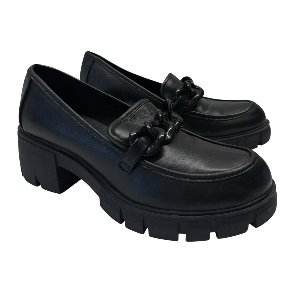 Women's Black Chunky Chain Loafer Heels